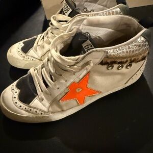 Golden Goose Sneakers with Orange Star and Silver Accents.  Size 35